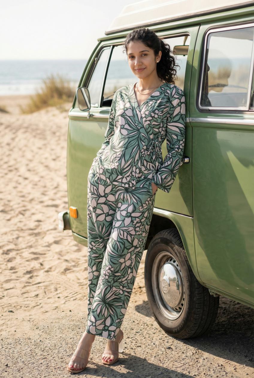 Green Floral Print Viscose Rayon Co-Ords Set For Women