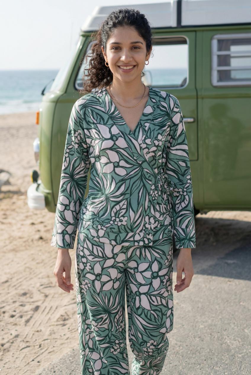 Green Floral Print Viscose Rayon Co-Ords Set For Women