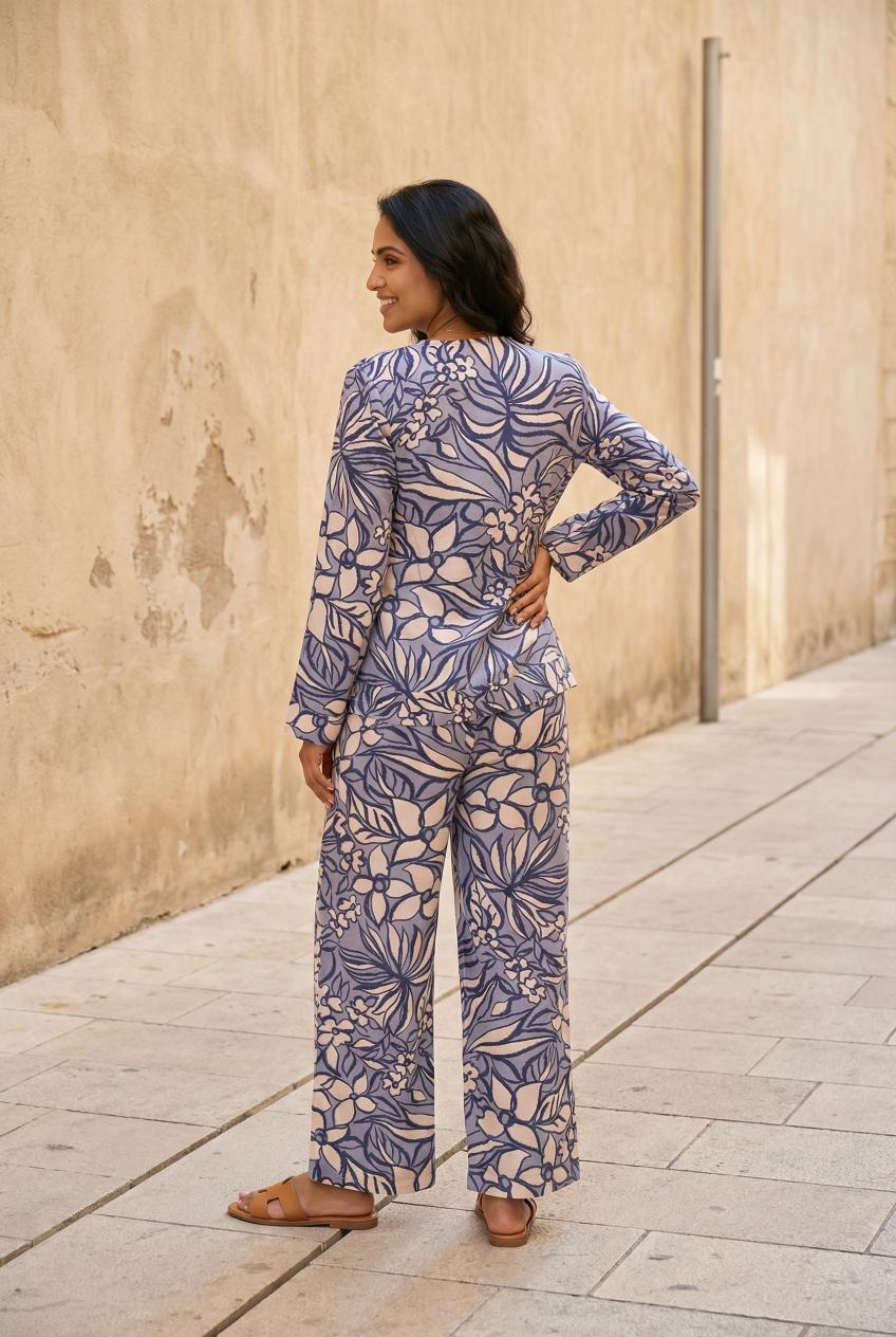 Navy Blue V-Neck Viscose Rayon Printed Co-Ords Set For Women