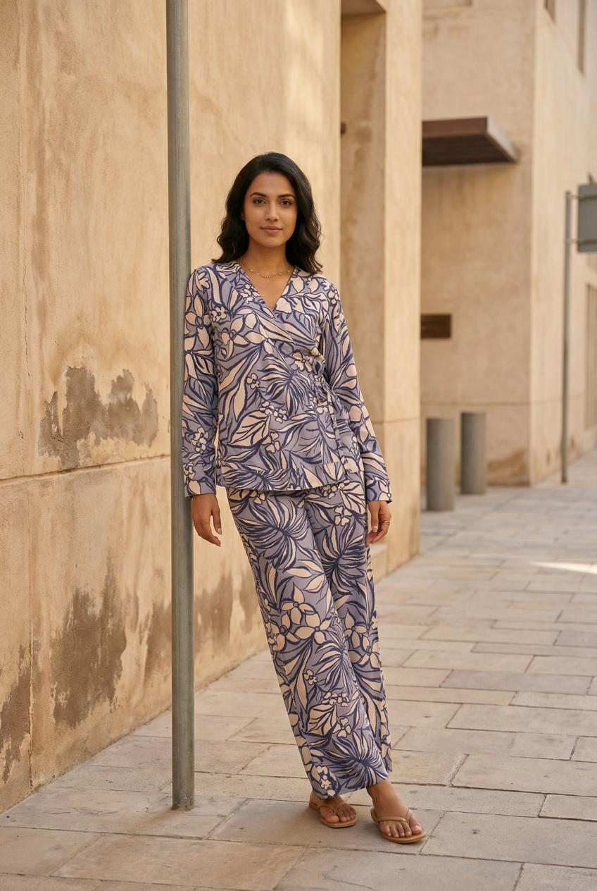Navy Blue V-Neck Viscose Rayon Printed Co-Ords Set For Women