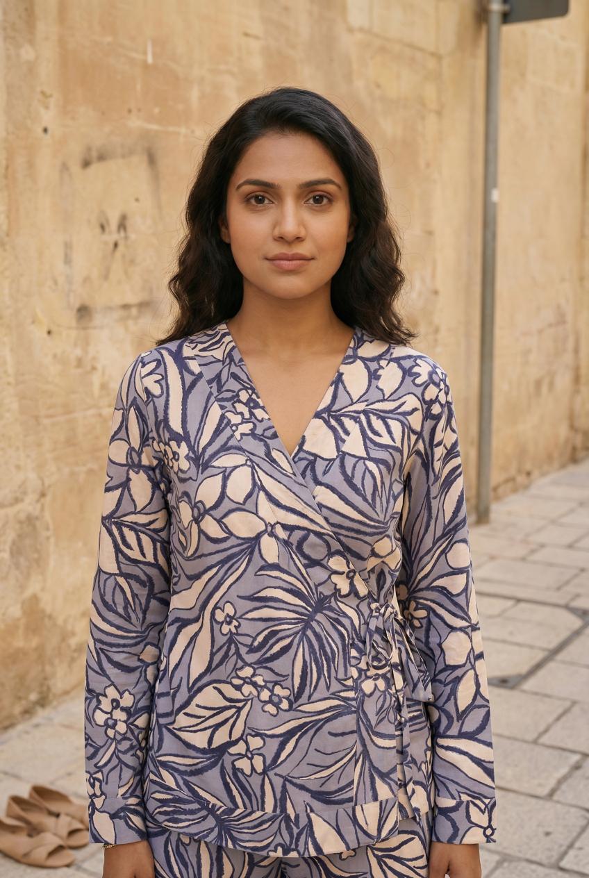Navy Blue V-Neck Viscose Rayon Printed Co-Ords Set For Women
