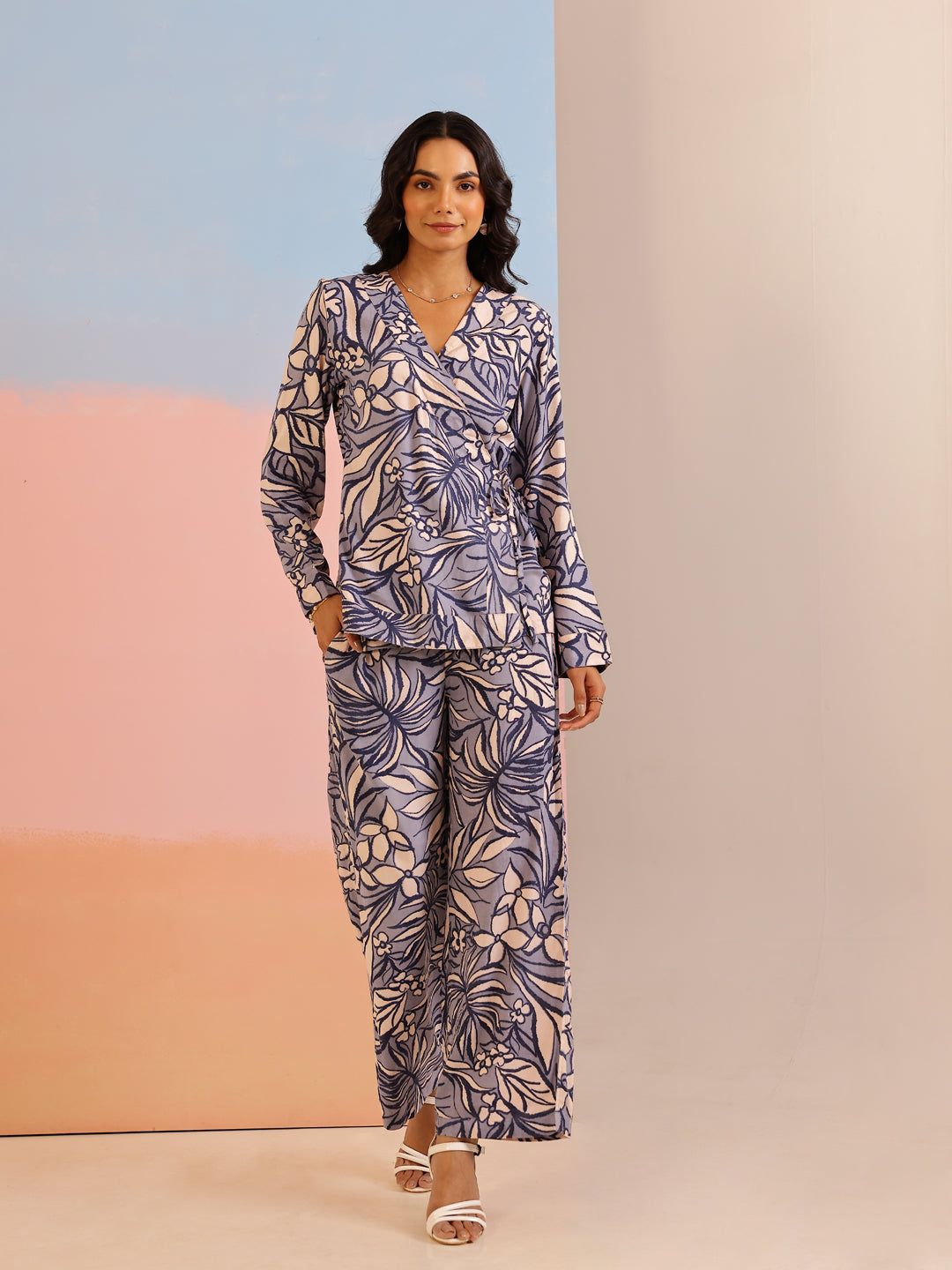 Navy Blue Abstract Print V-Neck Co-Ord Set For Women