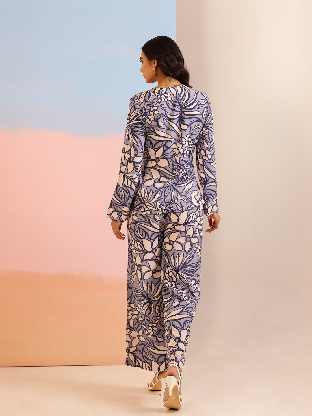 Navy Blue Abstract Print V-Neck Co-Ord Set For Women
