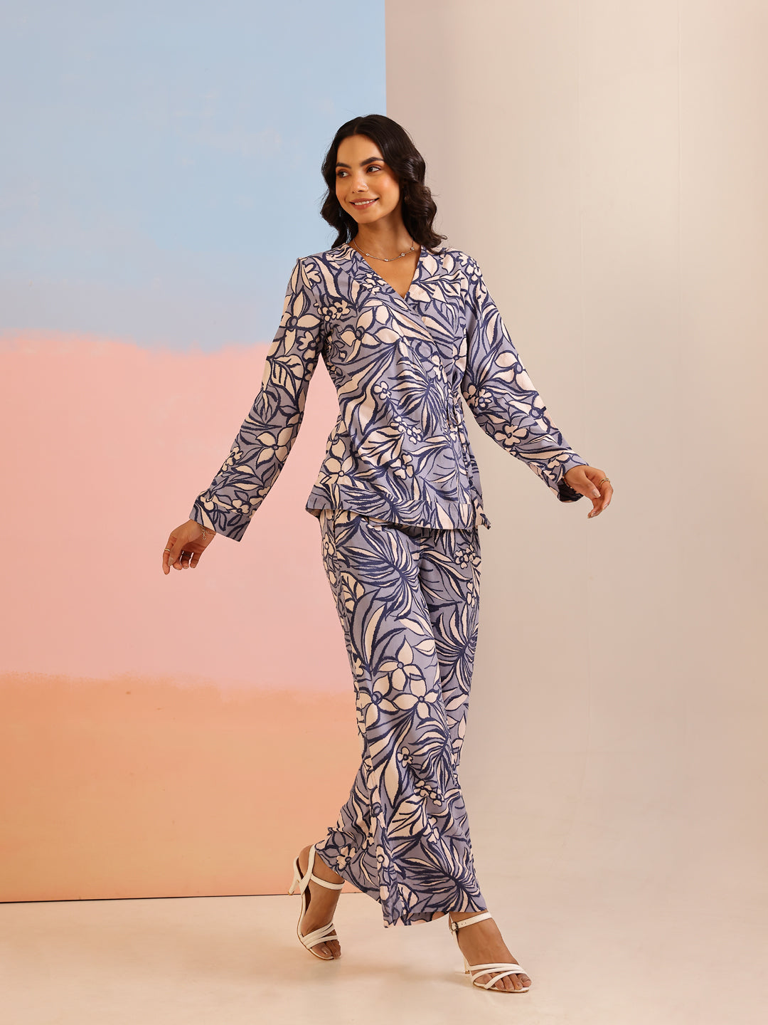 Navy Blue Abstract Print V-Neck Co-Ord Set For Women