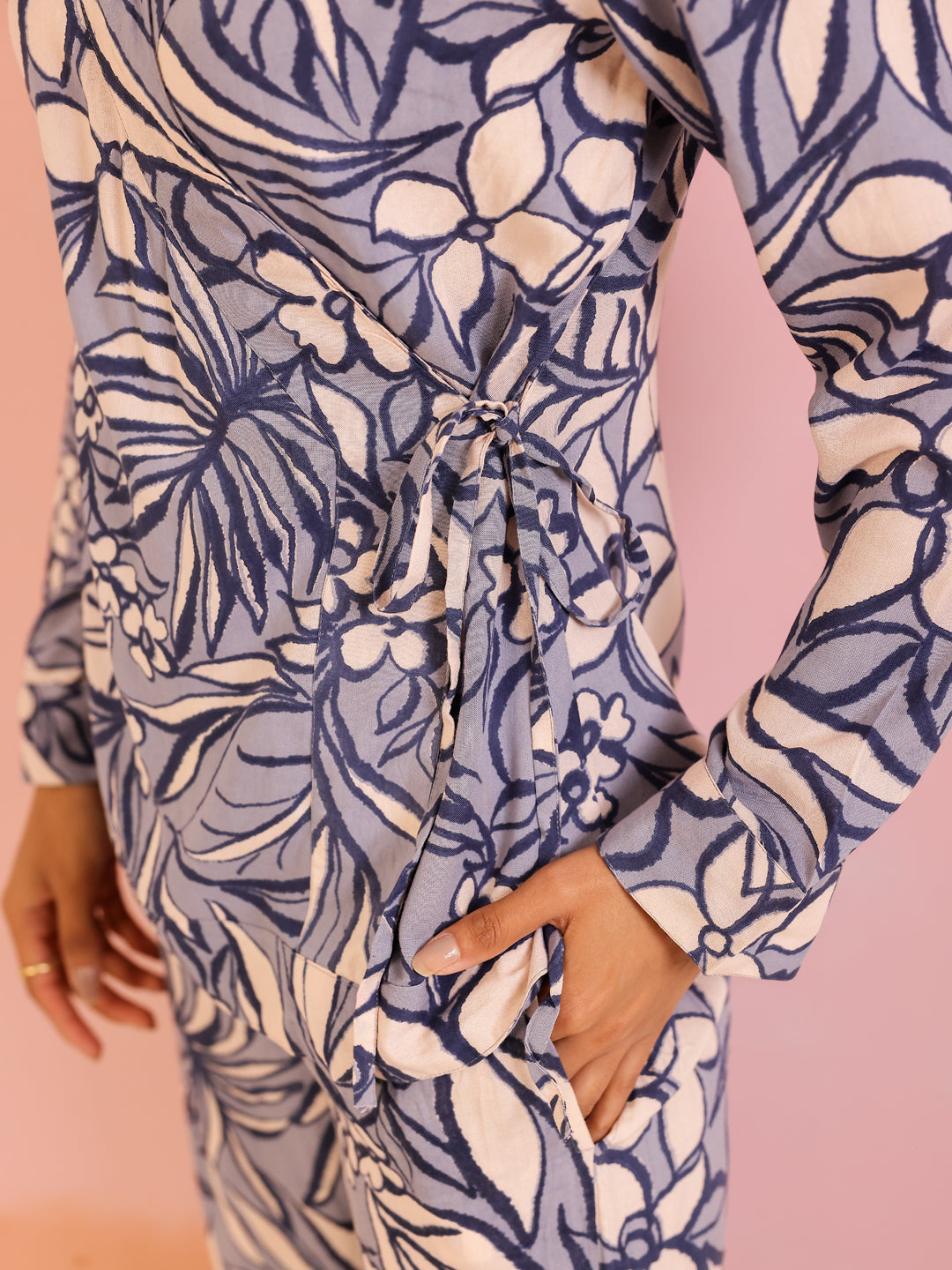 Navy Blue Abstract Print V-Neck Co-Ord Set For Women