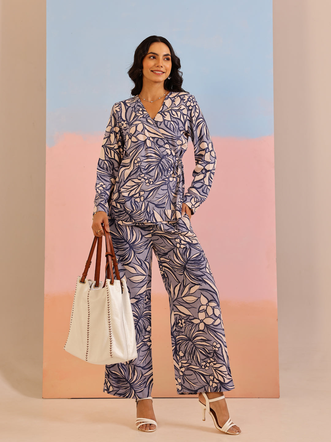 Navy Blue Abstract Print V-Neck Co-Ord Set For Women