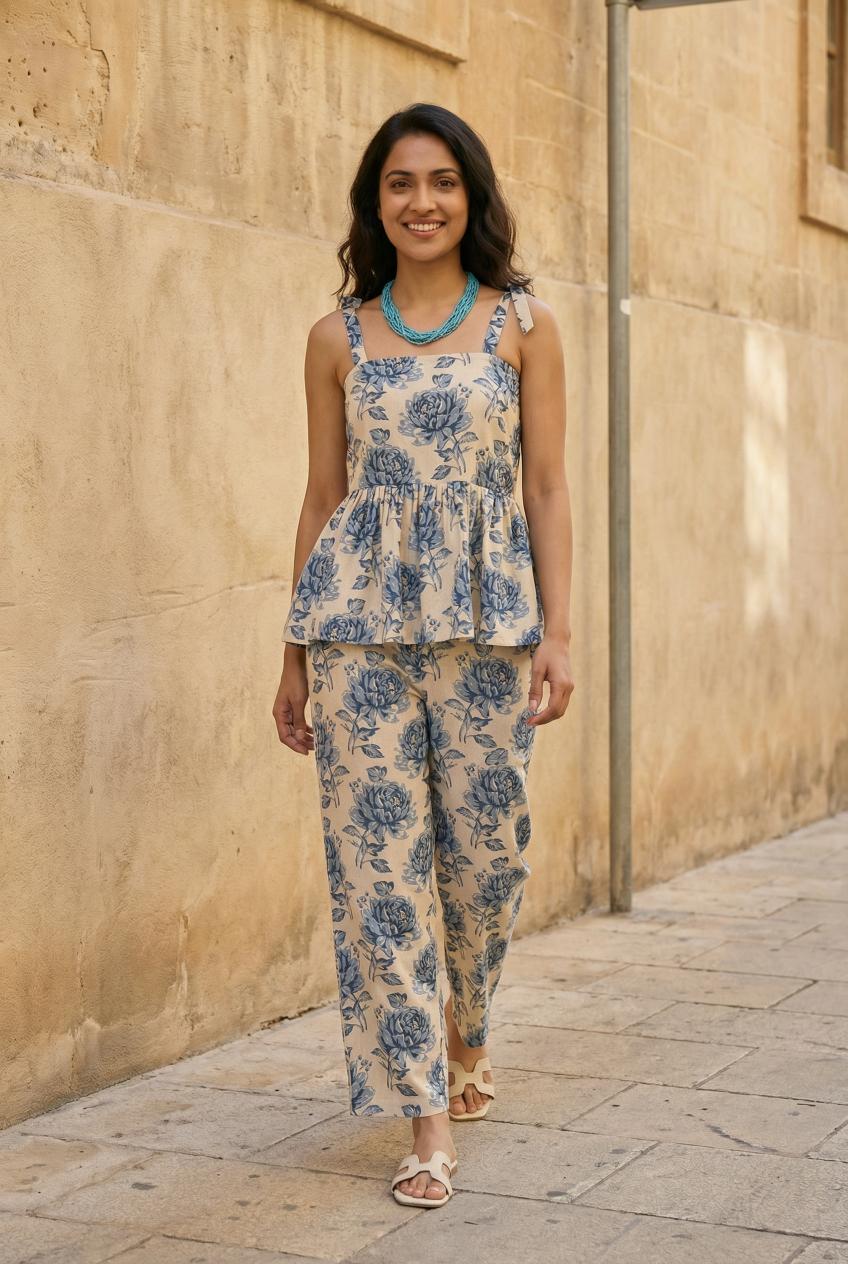 Blue Floral Printed Co Ord Set For Women