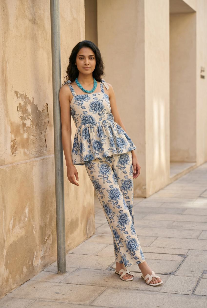 Blue Floral Printed Co Ord Set For Women