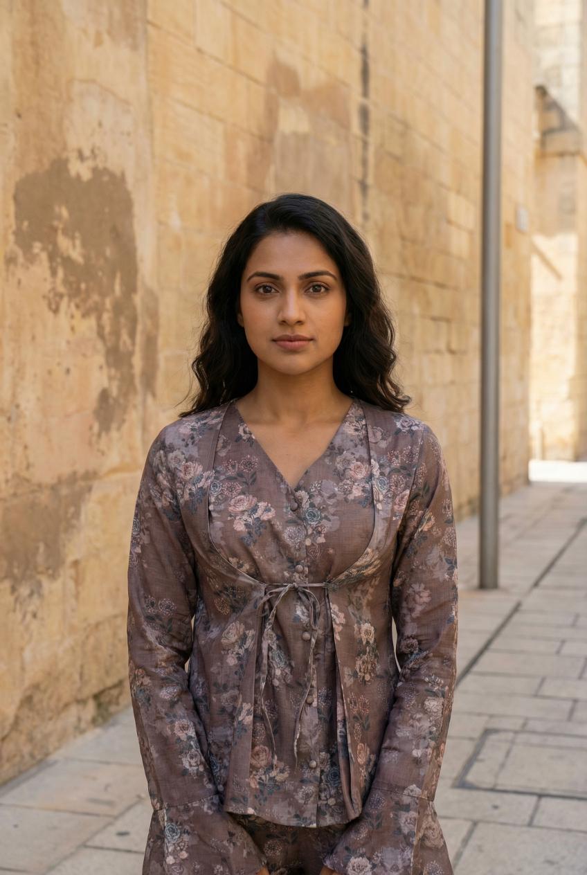 Grey Color Floral Print V-Neck Cotton Co-Ord Set For Women