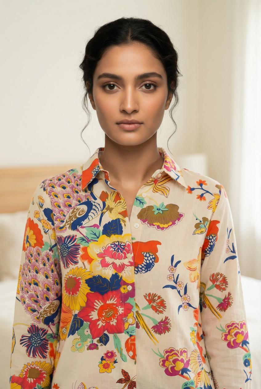 Off White Printed Shirt Collar Pure Cotton Co-Ords Set For Women