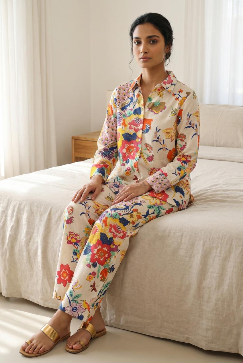 Off White Printed Shirt Collar Pure Cotton Co-Ords Set For Women