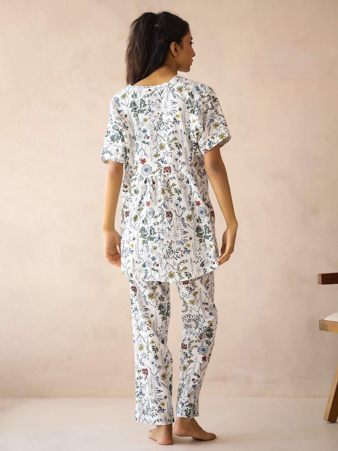 White Floral Print Mandarin Collar Pure Cotton Co-Ords Set For Women