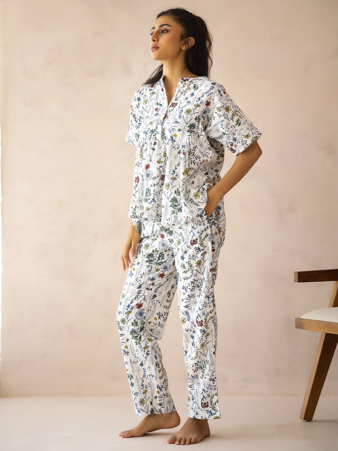 White Floral Print Mandarin Collar Pure Cotton Co-Ords Set For Women