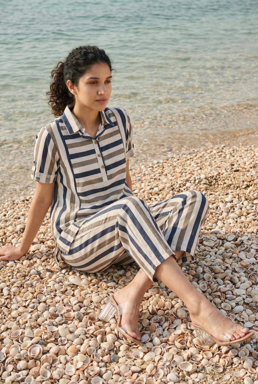 Blue Striped Co Ord Set For Women