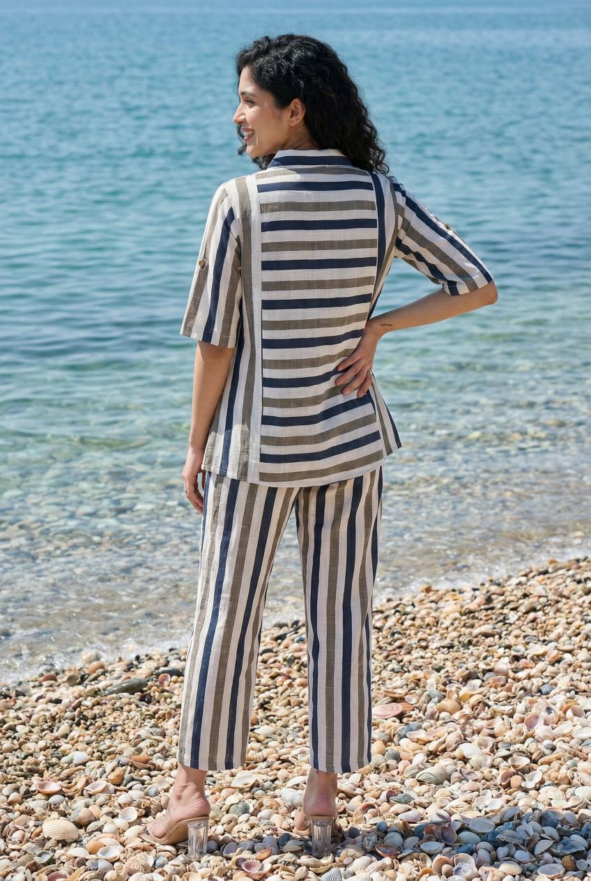 Blue Striped Co Ord Set For Women