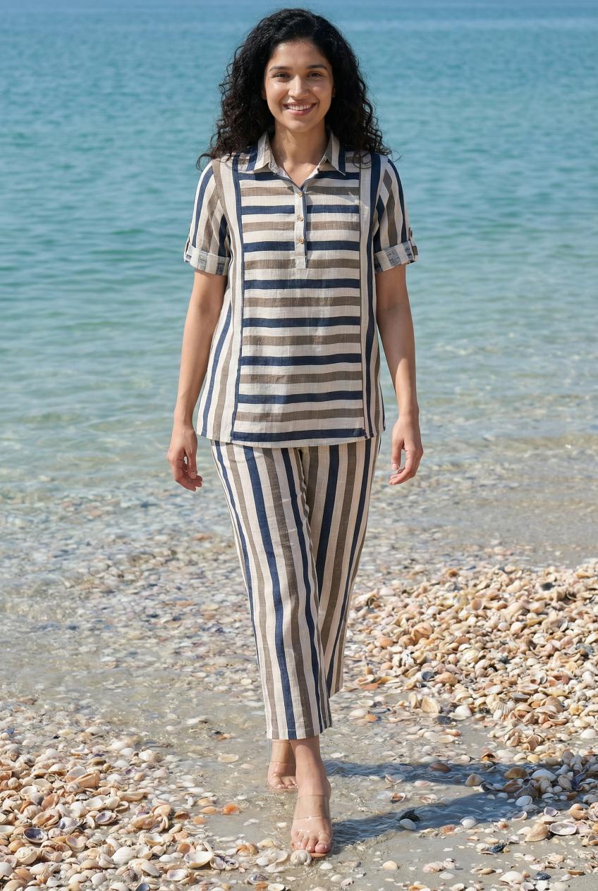 Blue Striped Co Ord Set For Women