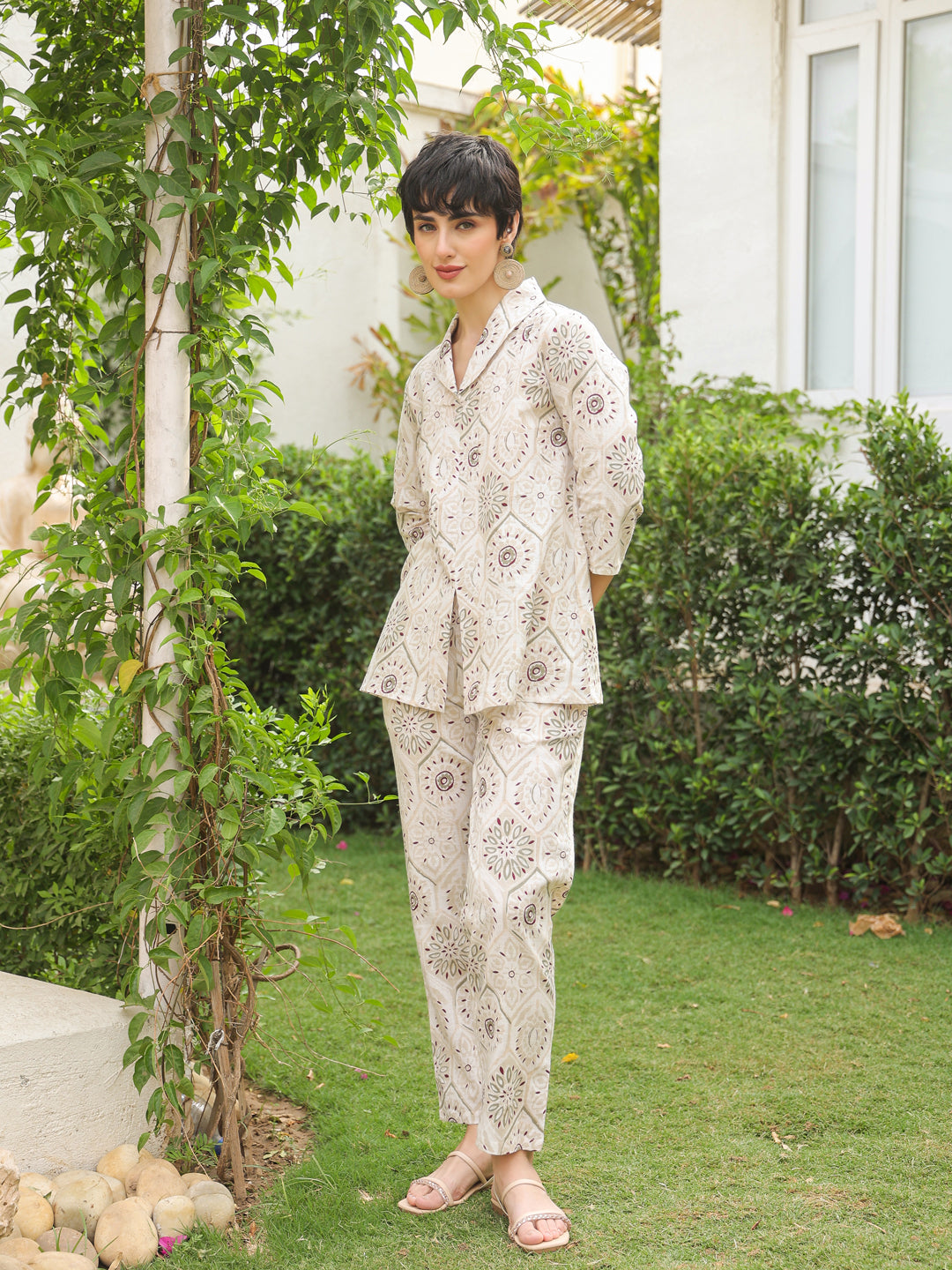 White Shawl Neck Pure Cotton Top Printed Co-ords Set for Women