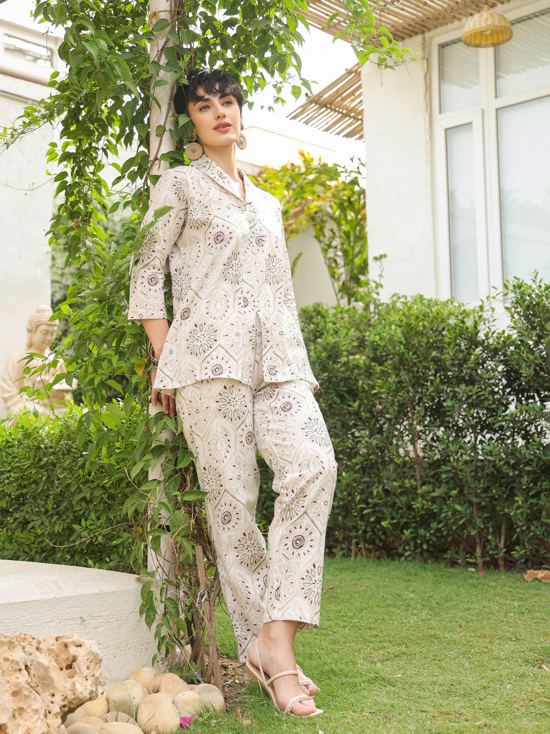 White Shawl Neck Pure Cotton Top Printed Co-ords Set for Women