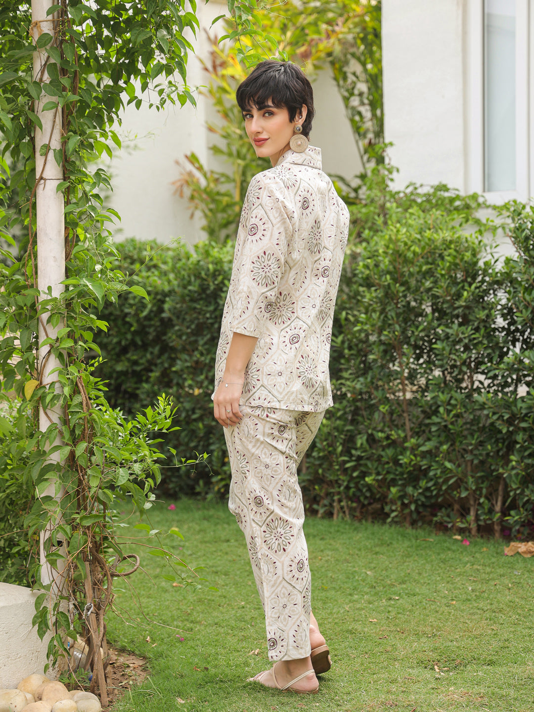 White Shawl Neck Pure Cotton Top Printed Co-ords Set for Women