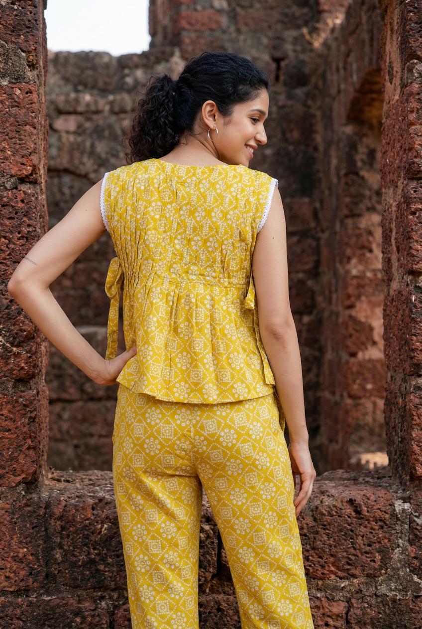 Yellow Round Neck Printed Pure Cotton Co-Ord Set For Women