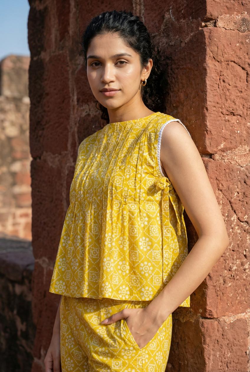 Yellow Round Neck Printed Pure Cotton Co-Ord Set For Women