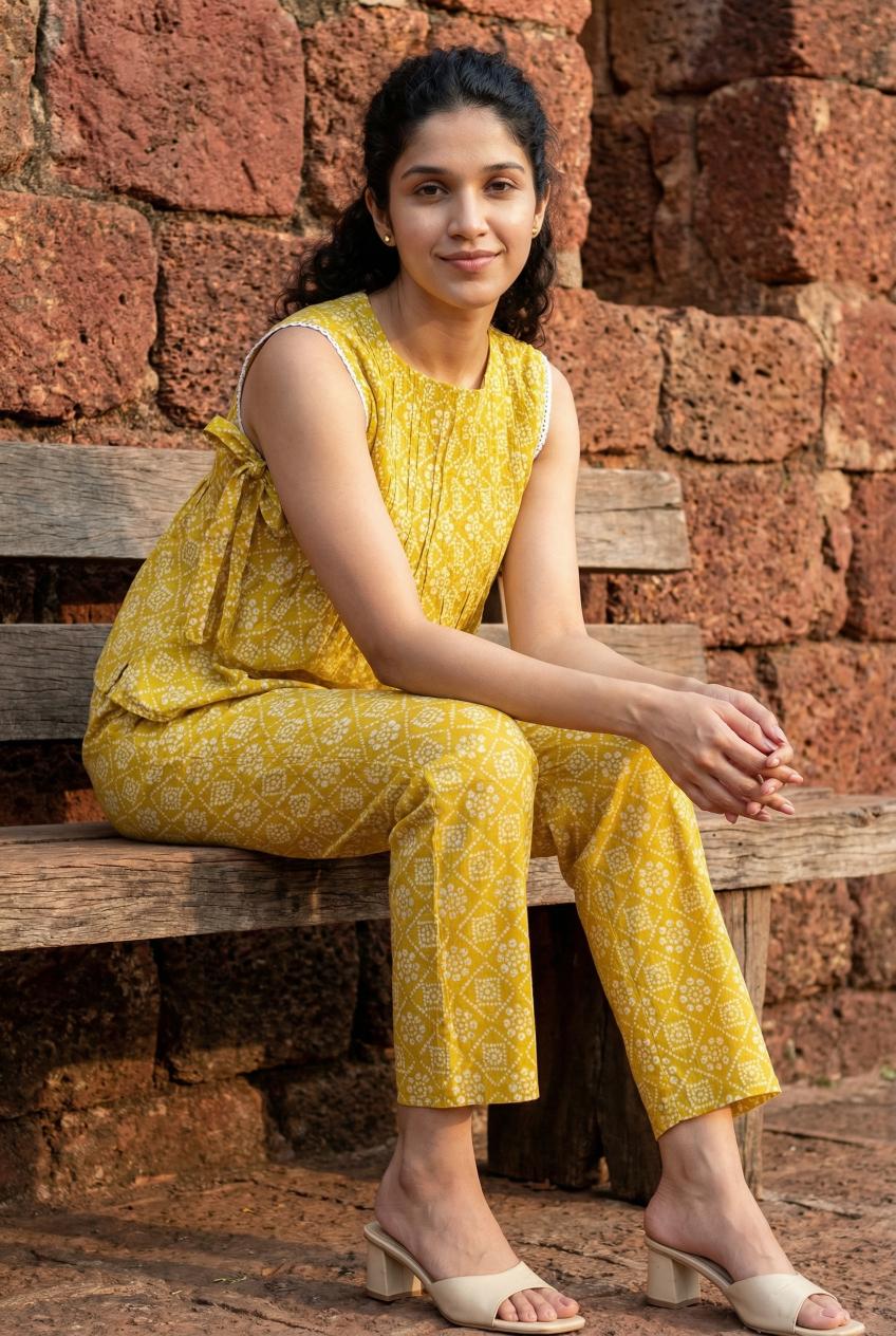 Yellow Round Neck Printed Pure Cotton Co-Ord Set For Women