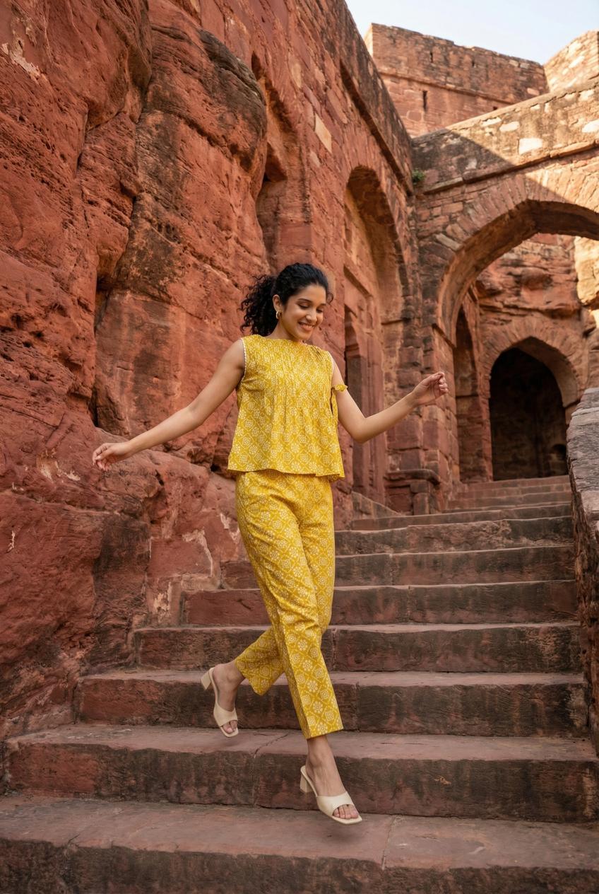 Yellow Round Neck Printed Pure Cotton Co-Ord Set For Women