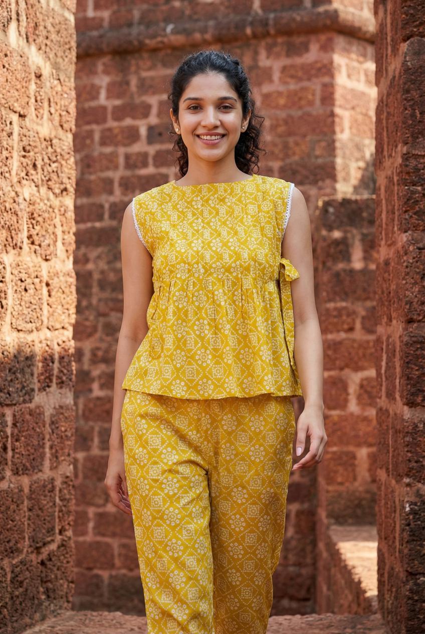 Yellow Round Neck Printed Pure Cotton Co-Ord Set For Women