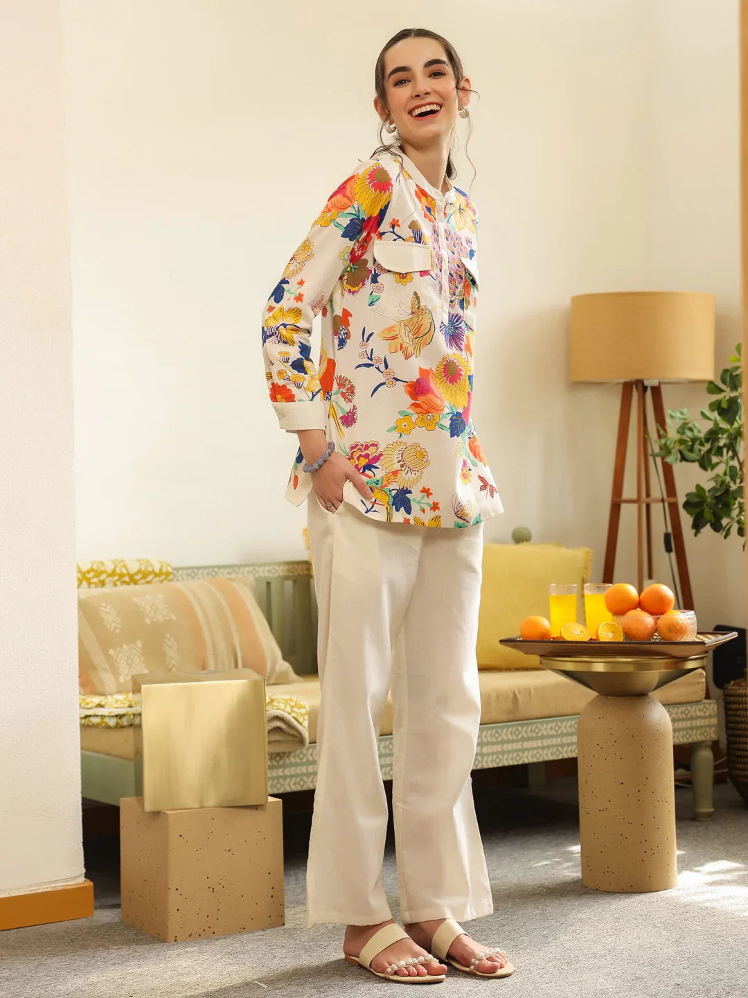 White Shirt Collar Pure Cotton Top Printed Co-ords Set for Women - SanskrutiHomes