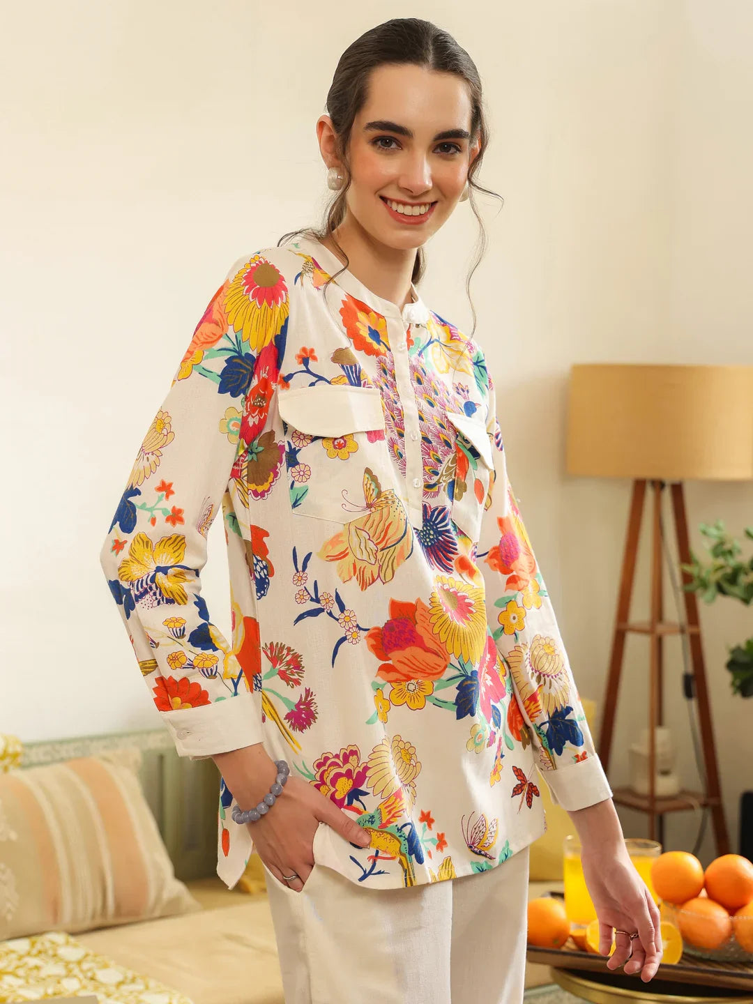 White Shirt Collar Pure Cotton Top Printed Co-ords Set for Women - SanskrutiHomes