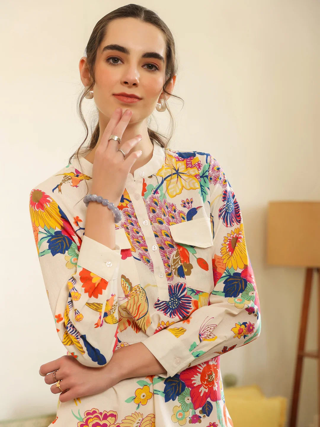 White Shirt Collar Pure Cotton Top Printed Co-ords Set for Women - SanskrutiHomes