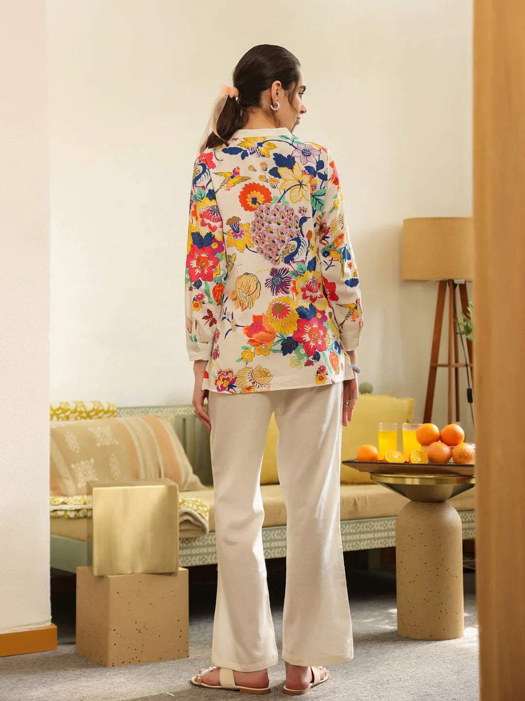 White Shirt Collar Pure Cotton Top Printed Co-ords Set for Women - SanskrutiHomes