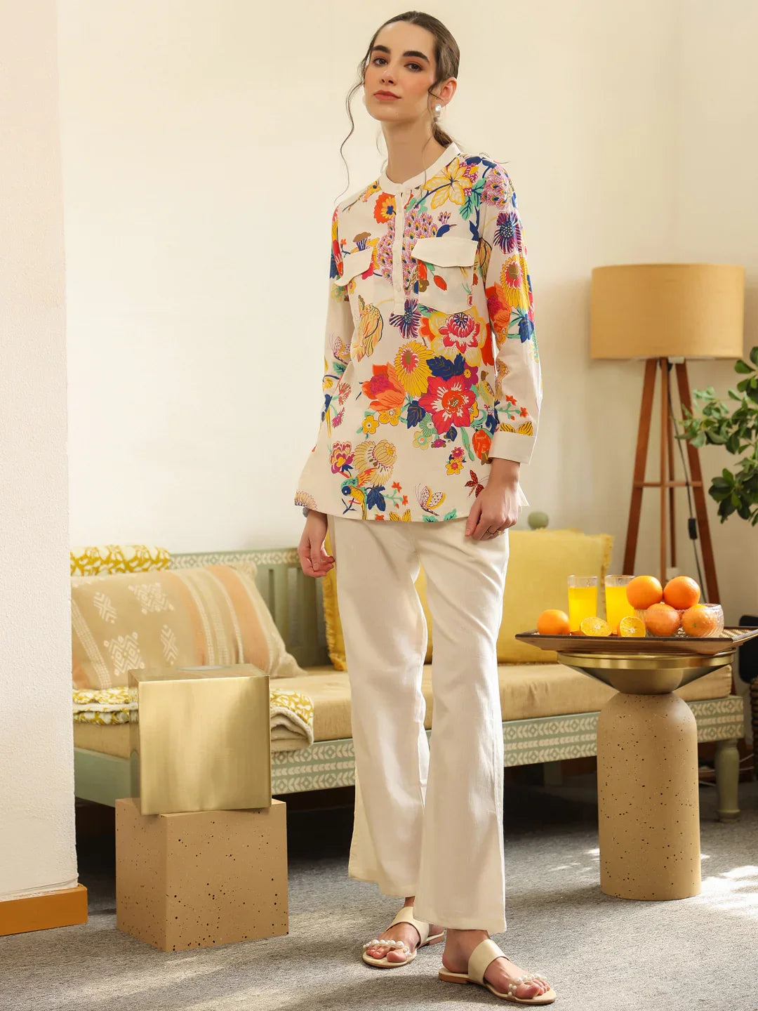 White Shirt Collar Pure Cotton Top Printed Co-ords Set for Women - SanskrutiHomes