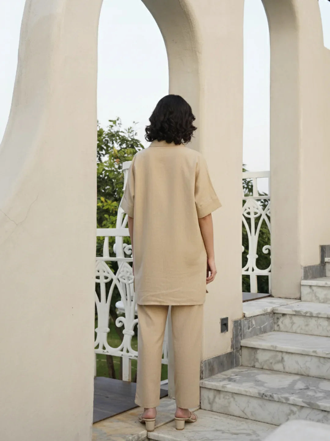 Beige Viscose Rayon Solid V-Neck Co-ords Set for Women - SanskrutiHomes