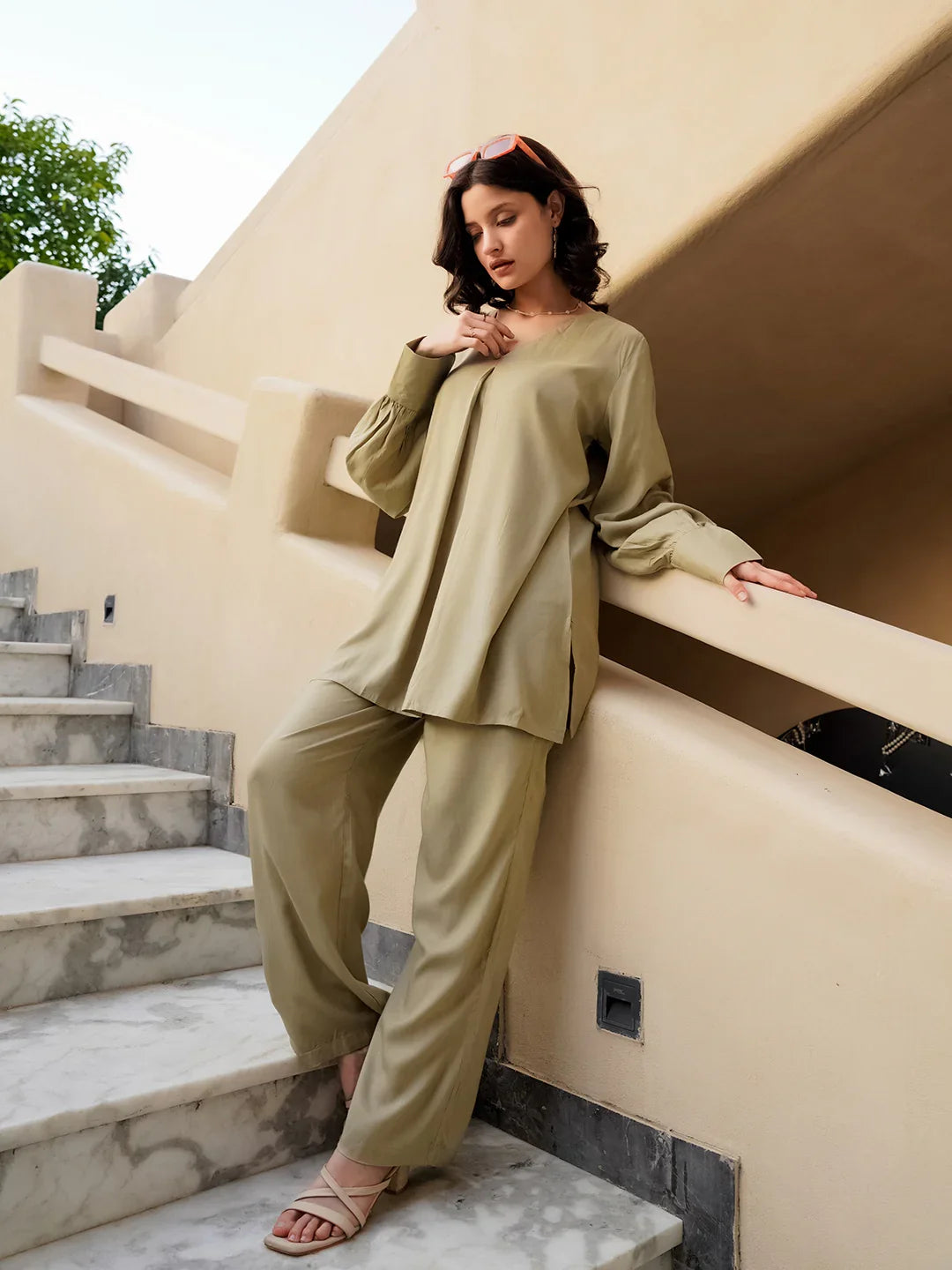Beige Viscose Rayon Solid V-Neck Co-ords Set for Women - SanskrutiHomes