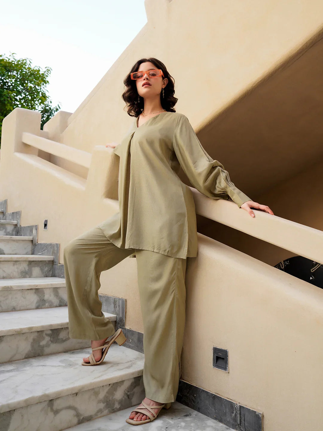 Beige Viscose Rayon Solid V-Neck Co-ords Set for Women - SanskrutiHomes