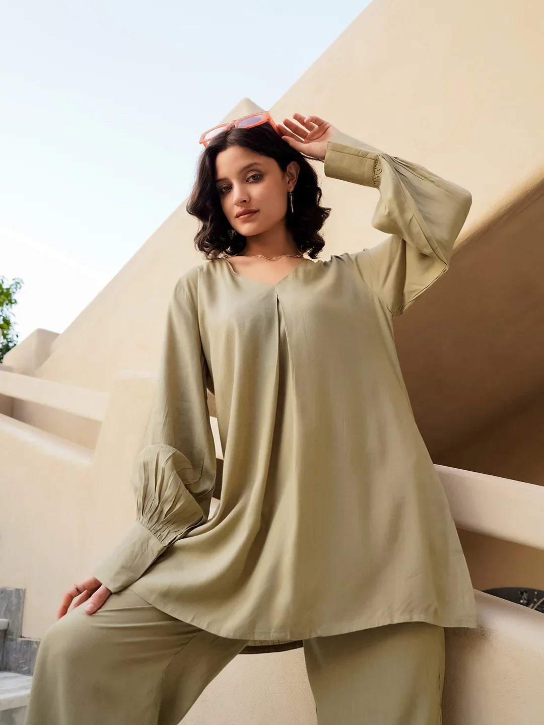 Beige Viscose Rayon Solid V-Neck Co-ords Set for Women - SanskrutiHomes