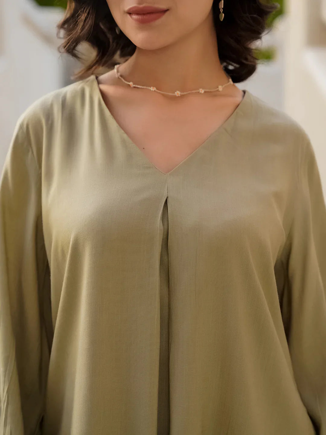 Beige Viscose Rayon Solid V-Neck Co-ords Set for Women - SanskrutiHomes