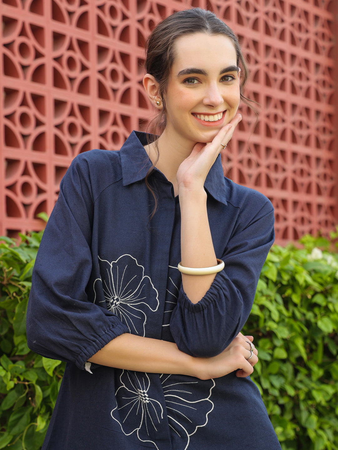 Navy Blue Shirt Collar Pure Cotton Top Solid Co-ords Set for Women