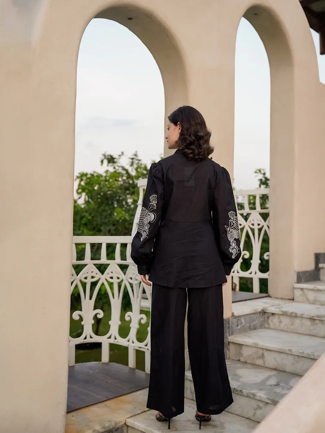 Black Pure Cotton Solid Mandarin Collar Co-ords Set for Women - SanskrutiHomes