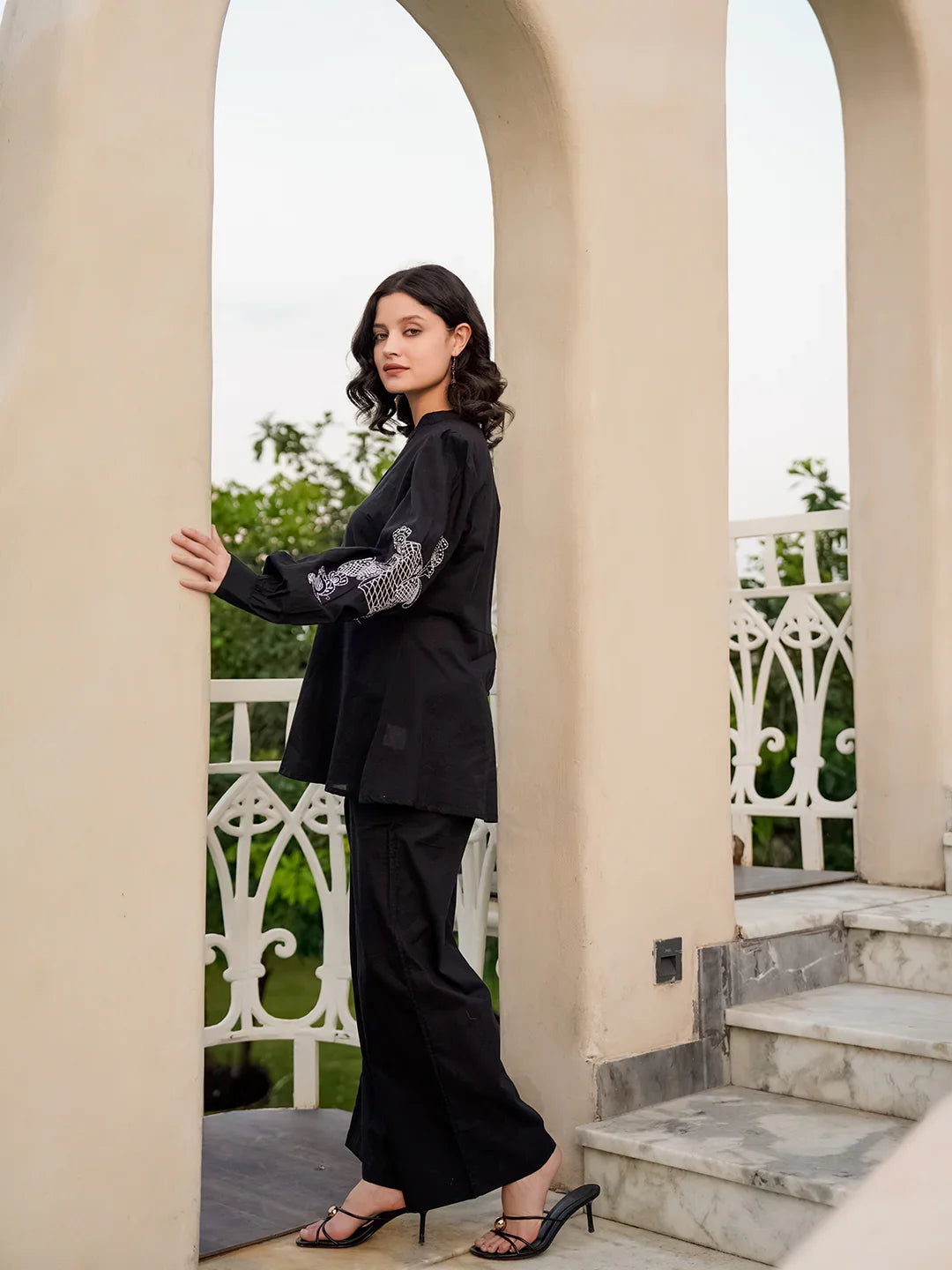 Black Pure Cotton Solid Mandarin Collar Co-ords Set for Women - SanskrutiHomes