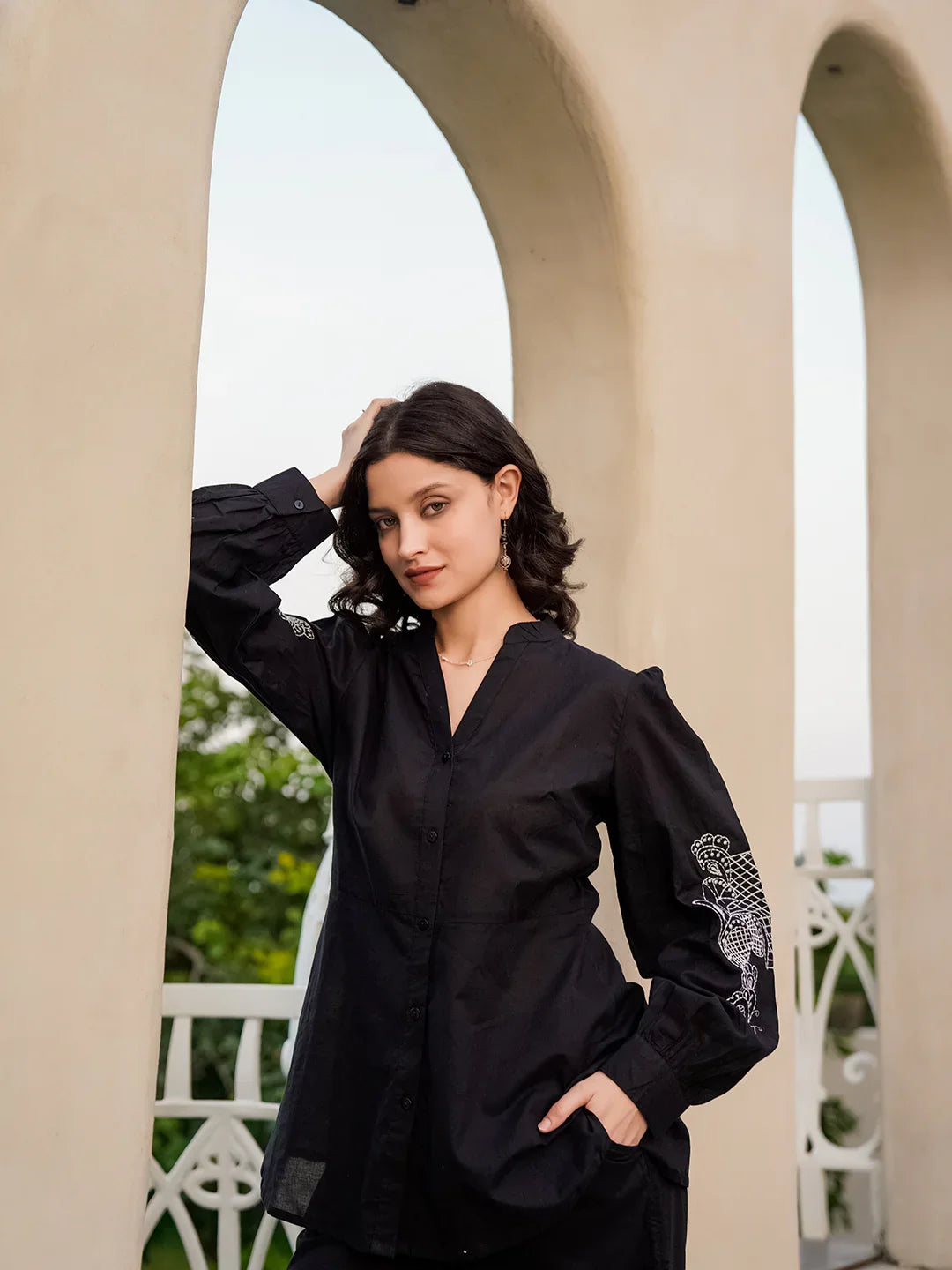 Black Pure Cotton Solid Mandarin Collar Co-ords Set for Women - SanskrutiHomes