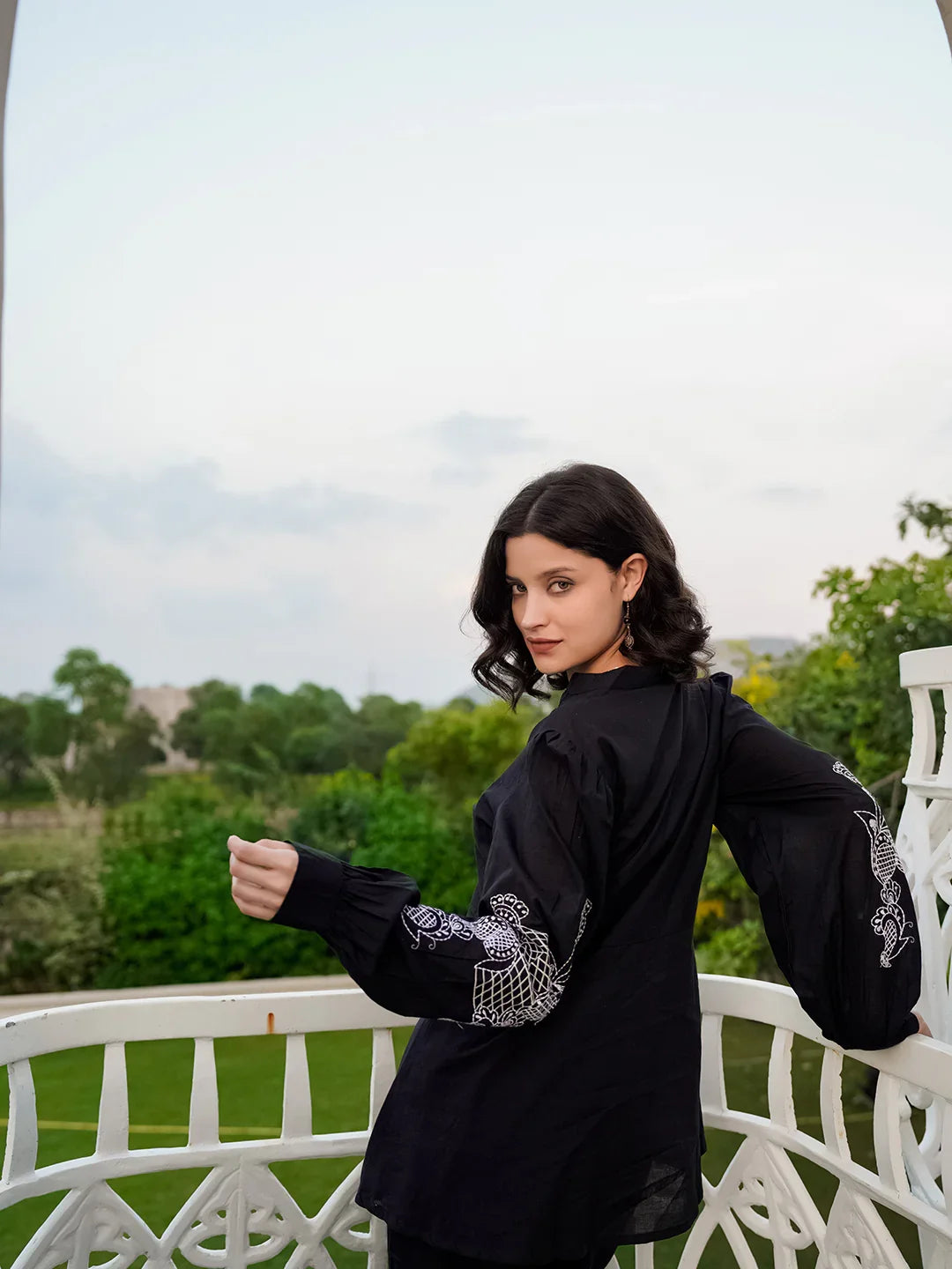 Black Pure Cotton Solid Mandarin Collar Co-ords Set for Women - SanskrutiHomes