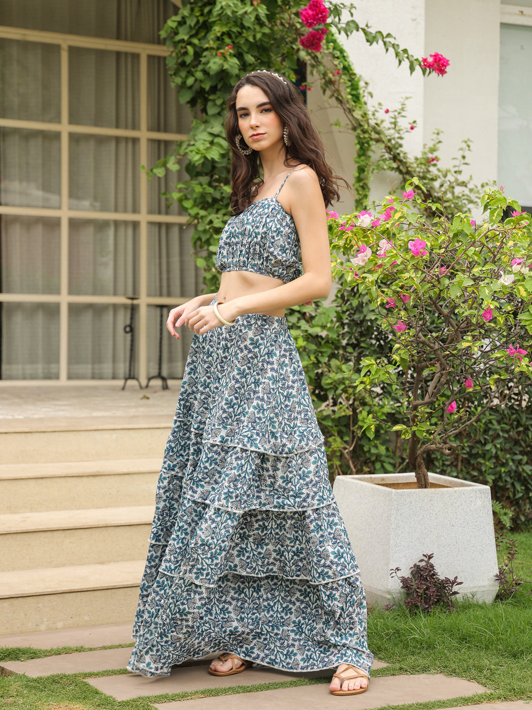 Blue Square Neck Pure Cotton Top Printed Co-ords Set for Women