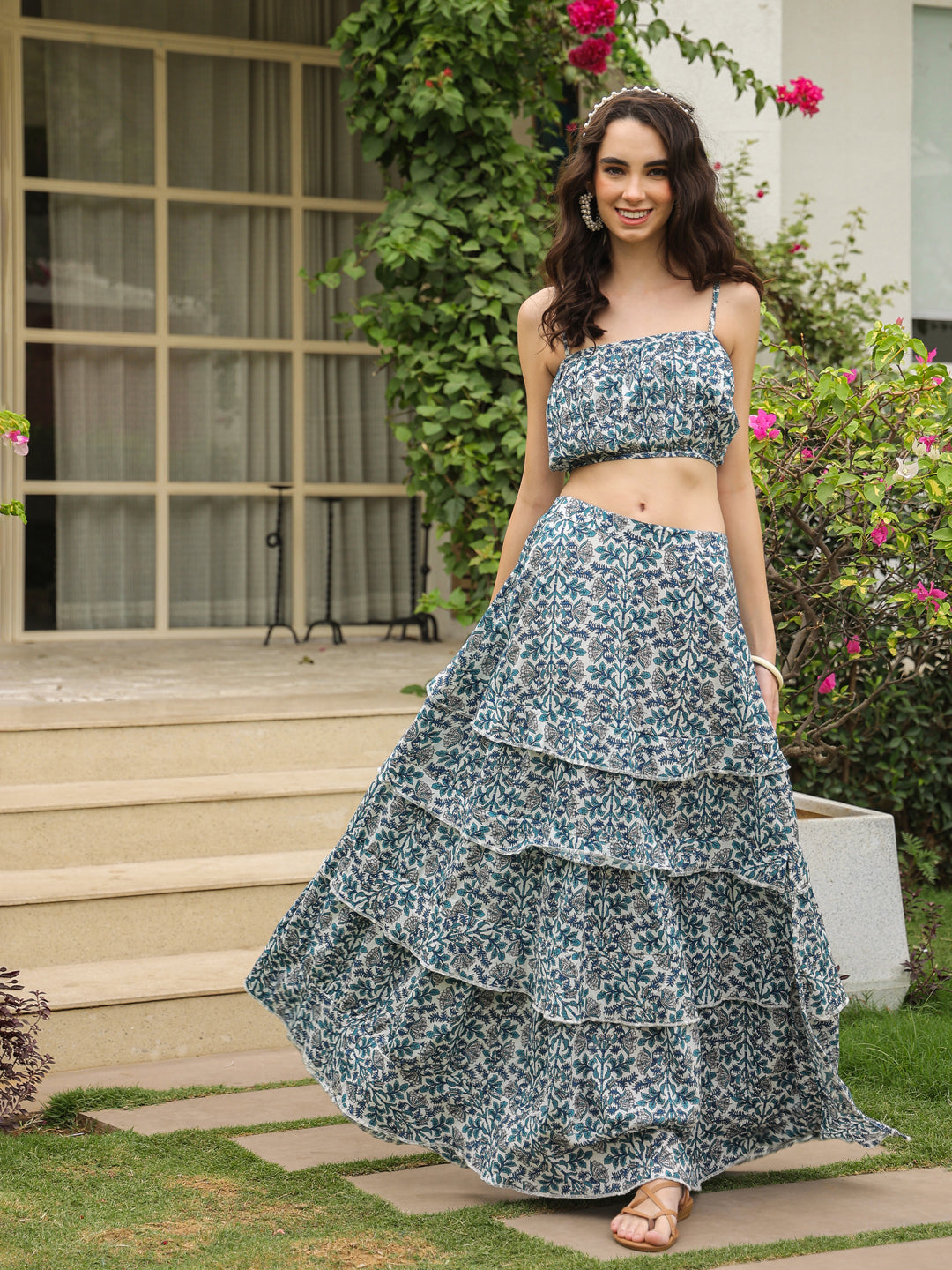 Blue Square Neck Pure Cotton Top Printed Co-ords Set for Women