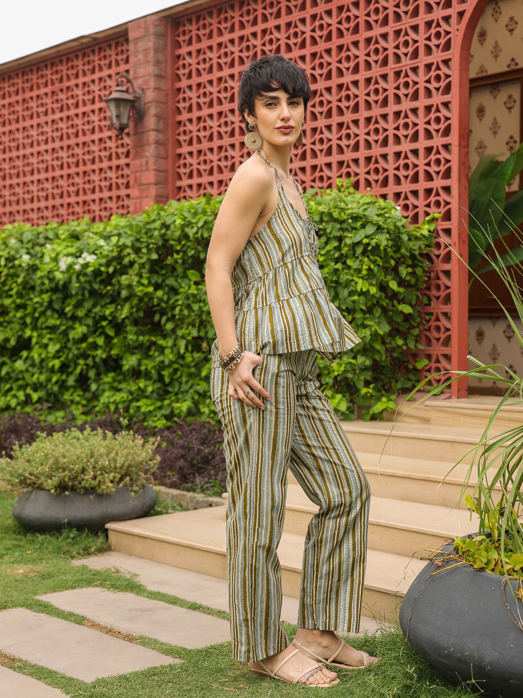 Olive Halter Neck Pure Cotton Top Striped Co-ords Set for Women