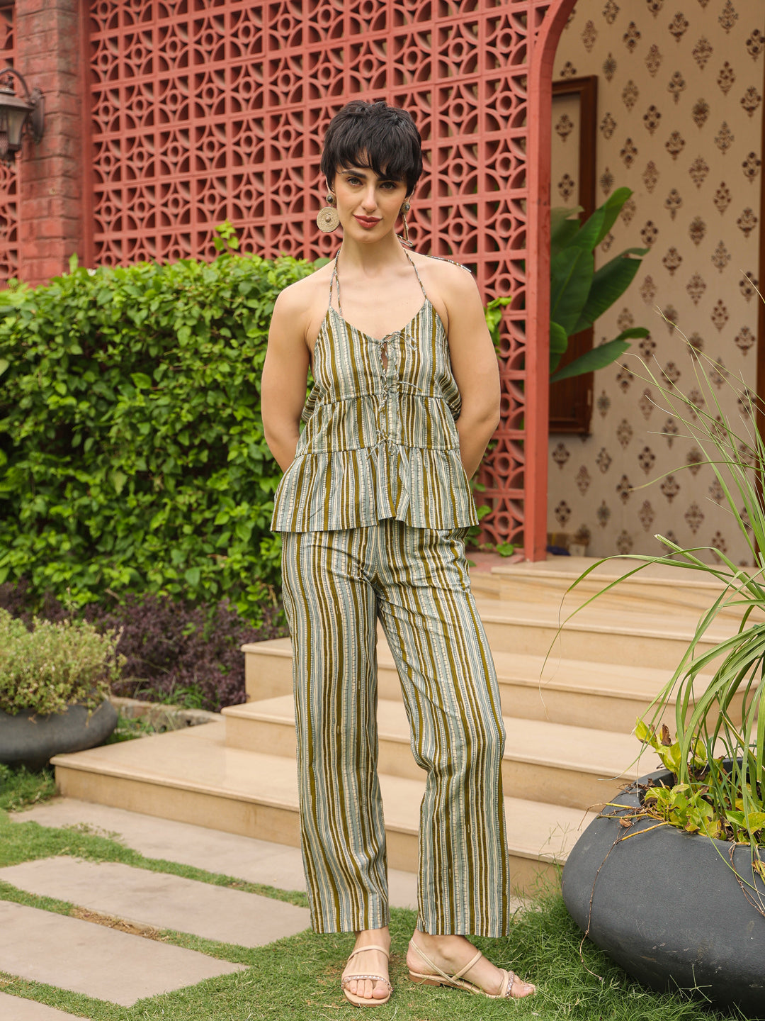 Olive Halter Neck Pure Cotton Top Striped Co-ords Set for Women