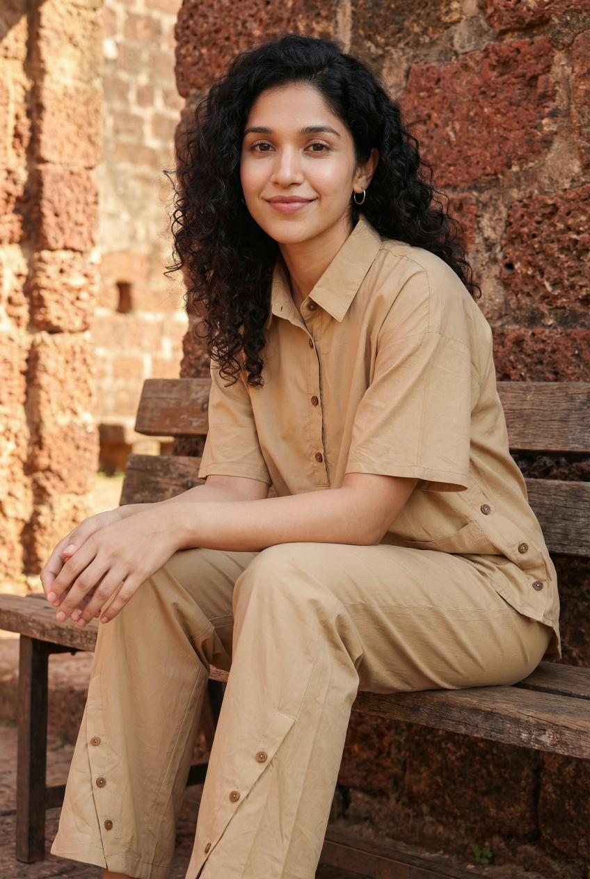 Beige Shirt Collar Printed Pure Cotton Co-Ords Set For Women