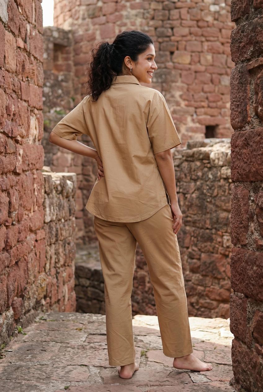 Beige Shirt Collar Printed Pure Cotton Co-Ords Set For Women
