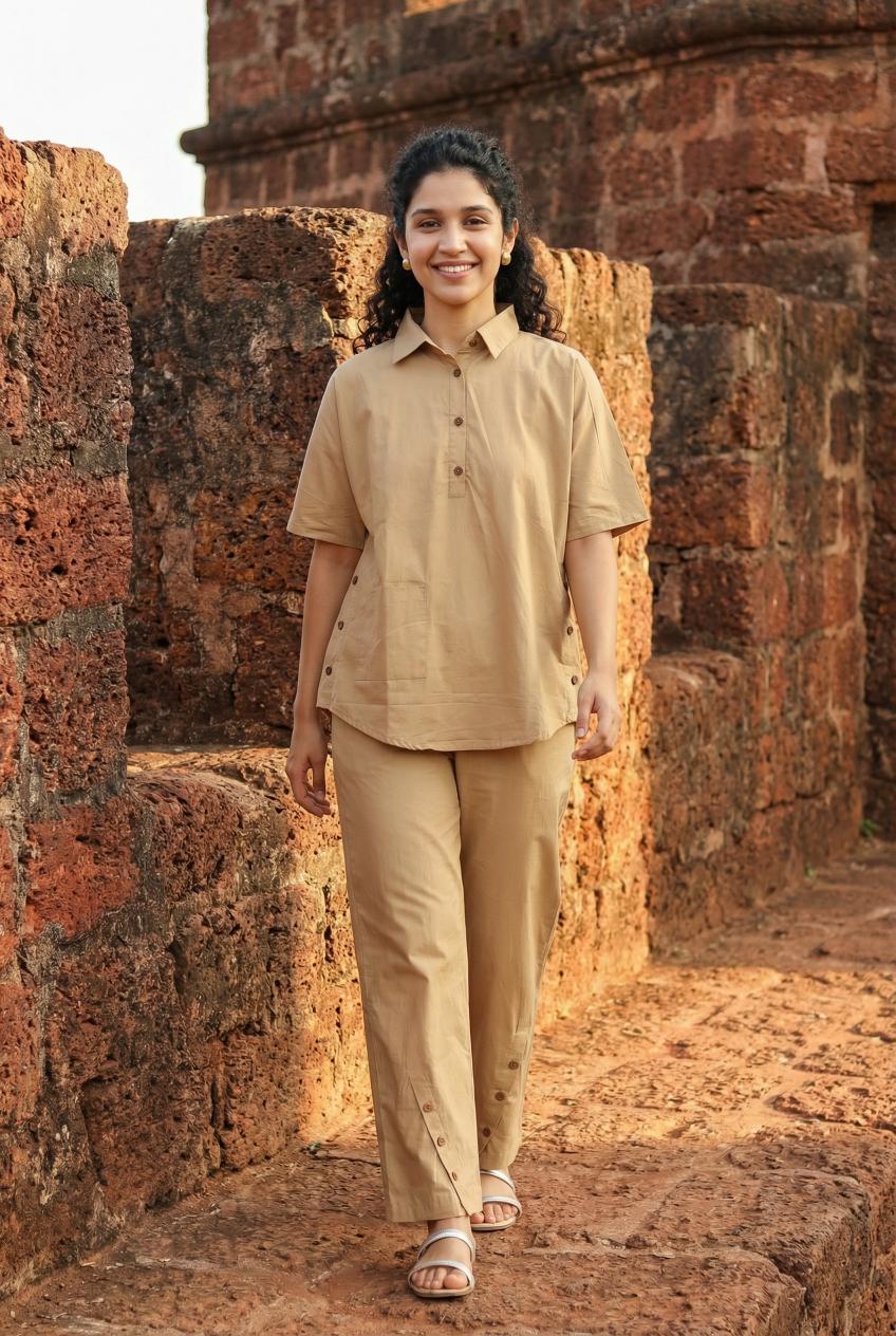 Beige Shirt Collar Printed Pure Cotton Co-Ords Set For Women